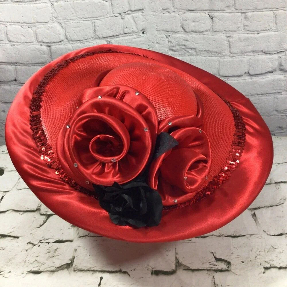 Vintage Mr. Hi’s Hat Red Kentucky‎ Derby Satin Jeweled Rose Showstopper Church